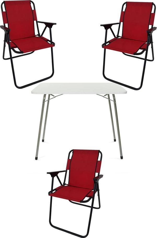 Bofigo 60X80 Beyaz Katlanır Masa + 3 Adet Katlanır Sandalye Kamp Seti Bahçe Takımı Kırmızı - Image 1