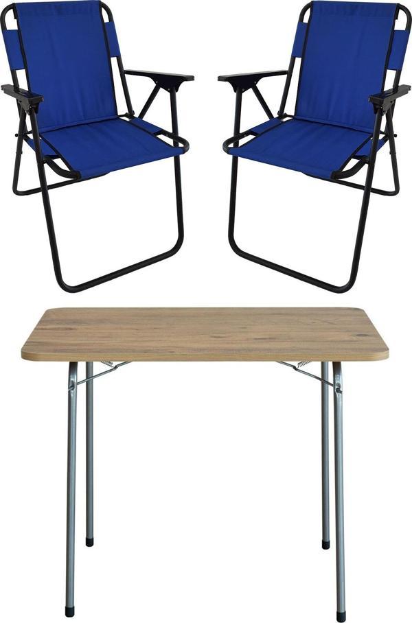 Bofigo 60X80 Çam Desenli Katlanır Masa + 2 Adet Katlanır Sandalye Kamp Seti Bahçe Takımı Mavi - Image 1
