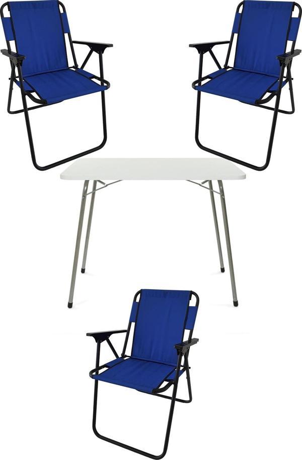 Bofigo 60X80 Beyaz Katlanır Masa + 3 Adet Katlanır Sandalye Kamp Seti Bahçe Takımı Mavi - Image 1