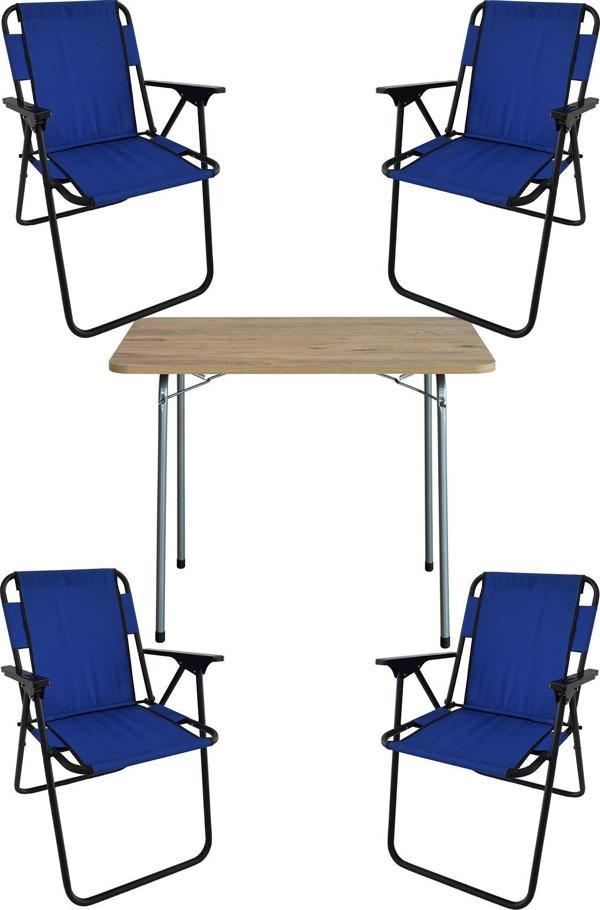 Bofigo 60X80 Çam Desenli Katlanır Masa + 4 Adet Katlanır Sandalye Kamp Seti Bahçe Takımı Mavi - Image 1
