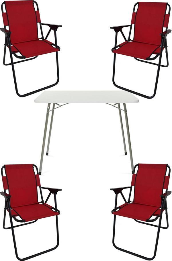 Bofigo 60X80 Beyaz Katlanır Masa + 4 Adet Katlanır Sandalye Kamp Seti Bahçe Takımı Kırmızı - Image 1