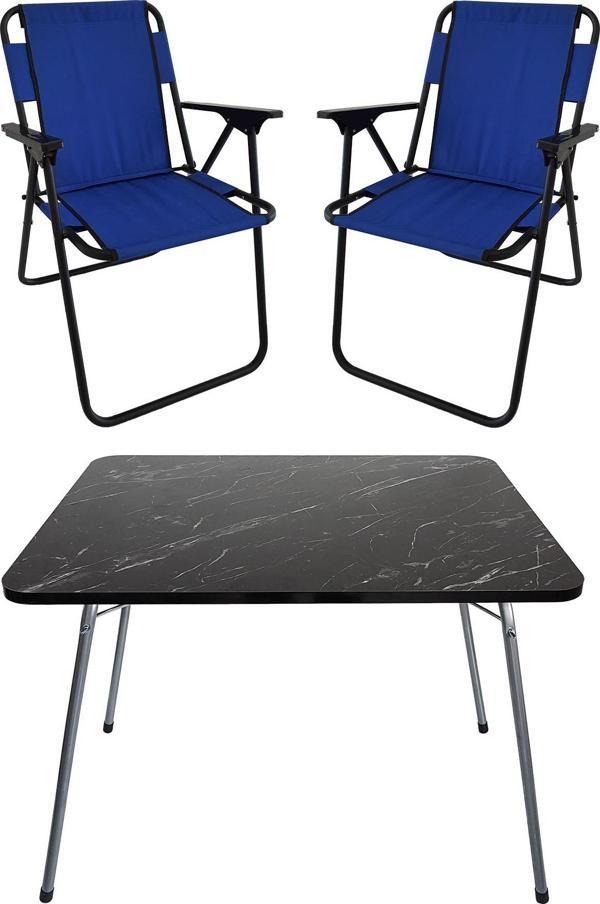 Bofigo 60X80 Granit Desenli Katlanır Masa + 2 Adet Katlanır Sandalye Kamp Seti Bahçe Takımı Mavi - Image 1