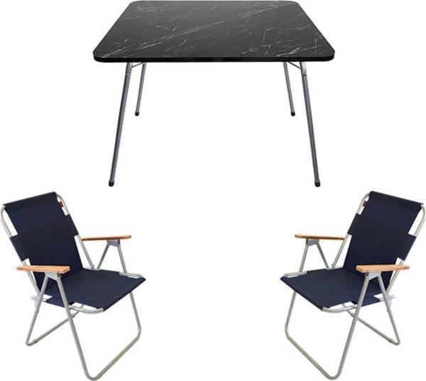 Bofigo 60x80 Granit Katlanır Masa + 2 Adet Katlanır Sandalye Kamp Seti Bahçe Balkon Takımı Lacivert - Image 1