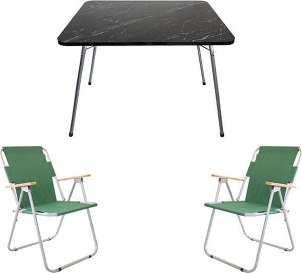 Bofigo 60x80 Granit Katlanır Masa + 2 Adet Katlanır Sandalye Kamp Seti Bahçe Balkon Takımı Yeşil - Image 1