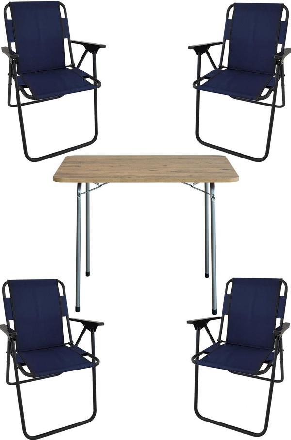Bofigo 60X80 Çam Desenli Katlanır Masa + 4 Adet Katlanır Sandalye Kamp Seti Bahçe Takımı Lacivert - Image 1