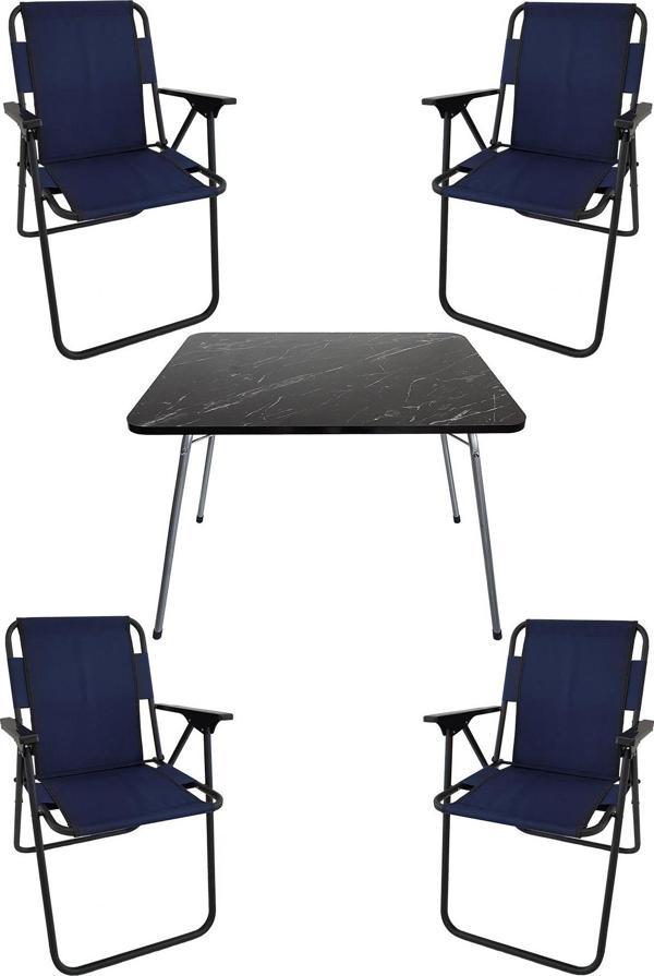 Bofigo 60X80 Granit Desenli Katlanır Masa + 4 Adet Katlanır Sandalye Kamp Seti Bahçe Takımı Lacivert - Image 1