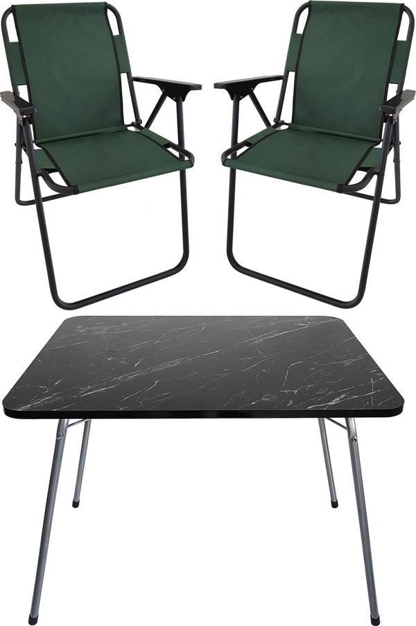 Bofigo 60X80 Granit Desenli Katlanır Masa + 2 Adet Katlanır Sandalye Kamp Seti Bahçe Takımı Yeşil - Image 1