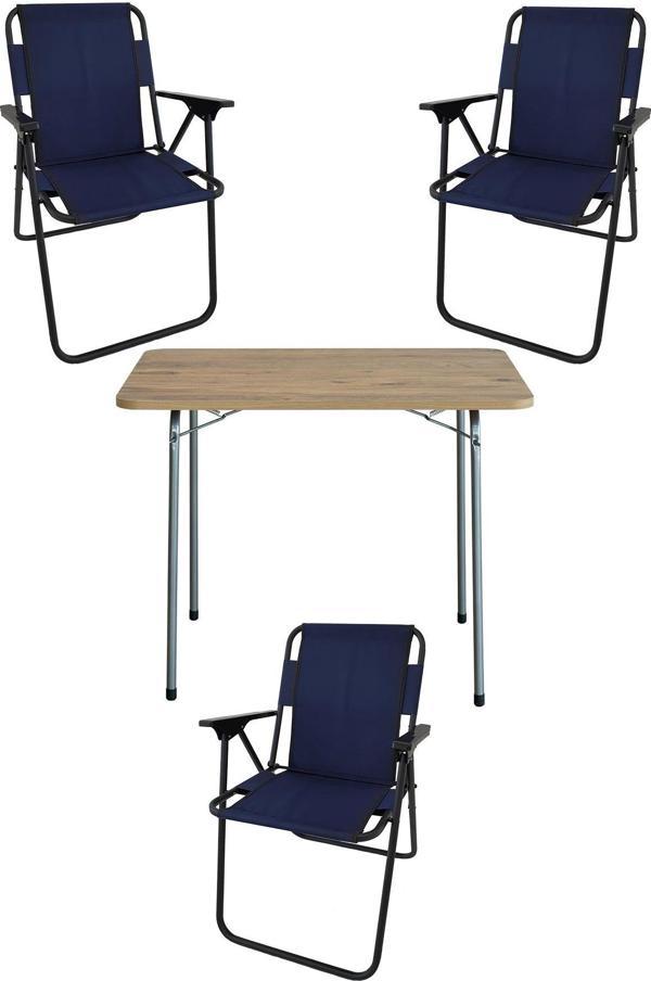 Bofigo 60X80 Çam Desenli Katlanır Masa + 3 Adet Katlanır Sandalye Kamp Seti Bahçe Takımı Lacivert - Image 1