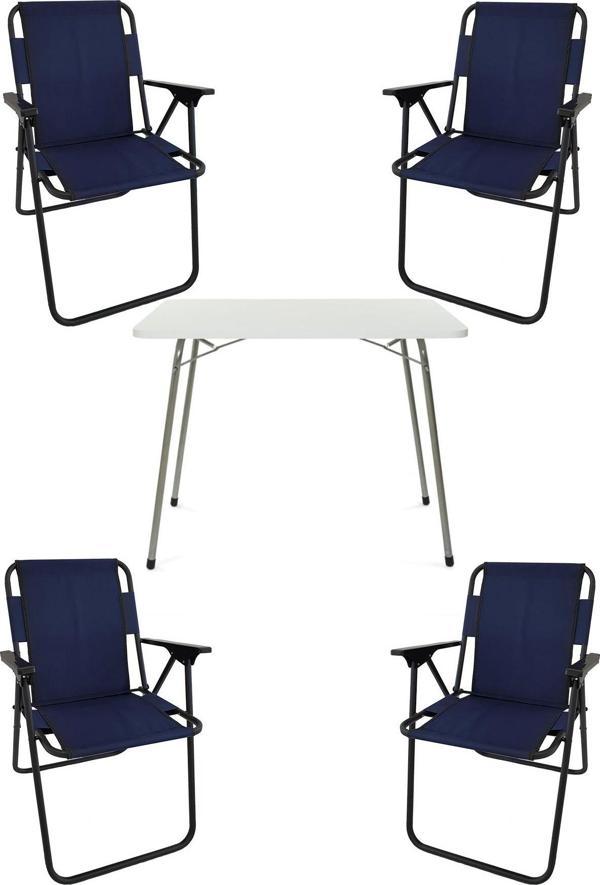 Bofigo 60X80 Beyaz Katlanır Masa + 4 Adet Katlanır Sandalye Kamp Seti Bahçe Takımı Lacivert - Image 1