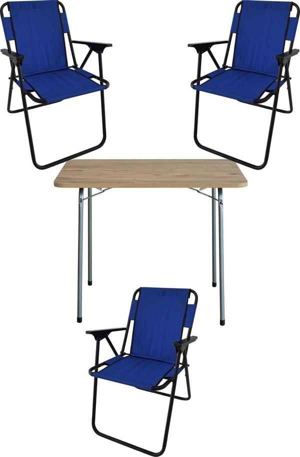 Bofigo 60X80 Çam Desenli Katlanır Masa + 3 Adet Katlanır Sandalye Kamp Seti Bahçe Takımı Mavi - Image 1