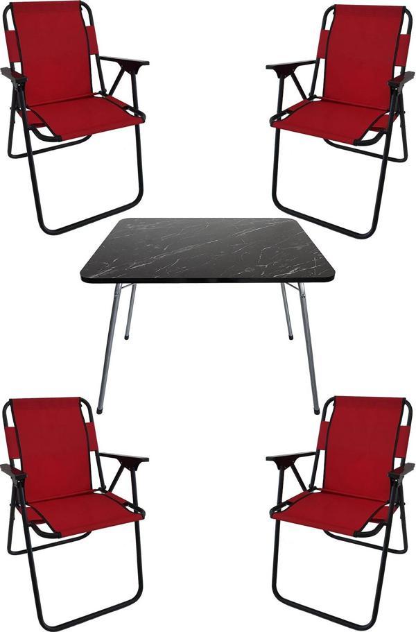 Bofigo 60X80 Granit Desenli Katlanır Masa + 4 Adet Katlanır Sandalye Kamp Seti Bahçe Takımı Kırmızı - Image 1
