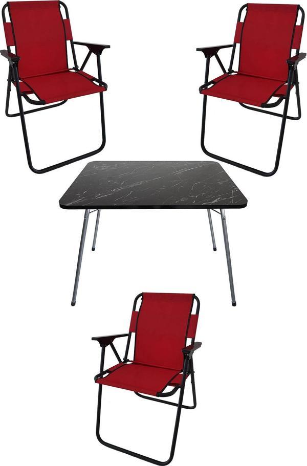 Bofigo 60X80 Granit Desenli Katlanır Masa + 3 Adet Katlanır Sandalye Kamp Seti Bahçe Takımı Kırmızı - Image 1
