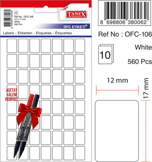 Tanex OFC-106 12x17 Mm Beyaz Ofis Etiketi 10 sayfa 2'li Asetat Kalem Hediyeli - Image 1
