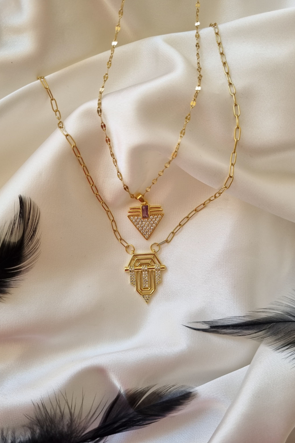 Kadın Zirkon Taşlı Seranay Model 2 li Kolye Gold - Image 1