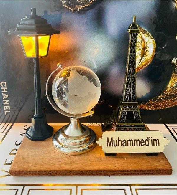 Myk Hediye Ve Sanat Atölyesi Ofis Hediyesi Set Cam Dünya Küre Metal Eyfel Sokak Lambası Ahşap Kaide - Image 1