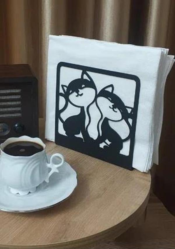 Kedi Desenli Peçetelik Sofra Mutfak Peçetelik Siyah  - Image 1
