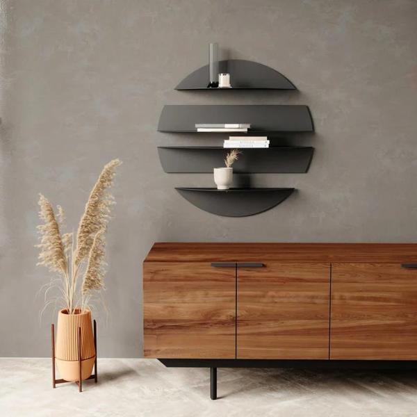 Yuvarlak Bölmeli 4 Parça Metal Mat Siyah Duvar Rafı Modern Dekoratif Metal Duvar Rafı, Daire 4'lü Siyah Dekoratif Antre  - Image 1