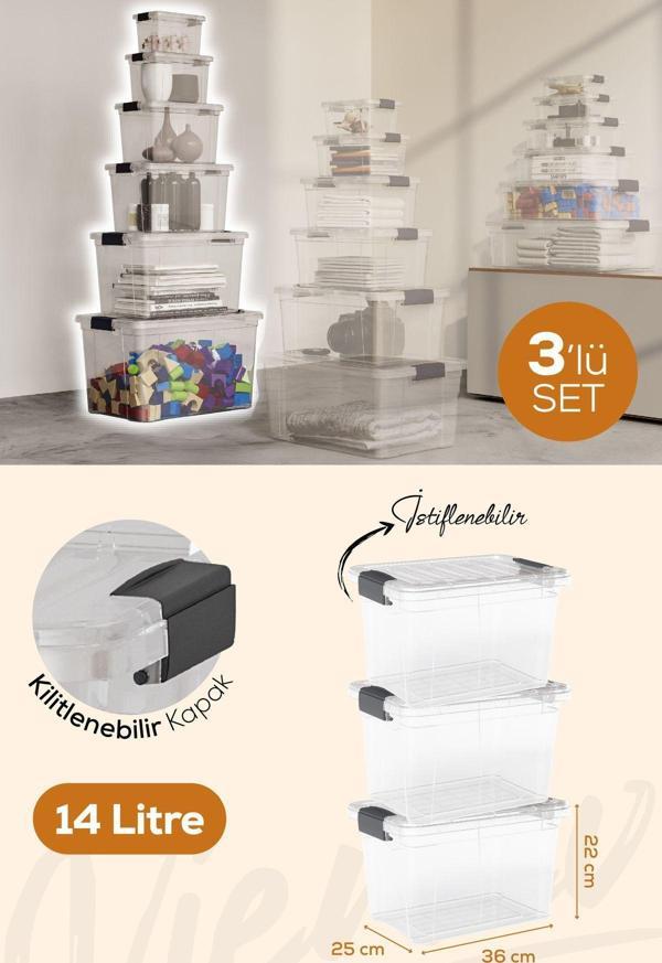 Vienev 3'lü 14 Litre Kilitli Kapaklı Saklama ve Erzak Kutusu 33124 - Image 1