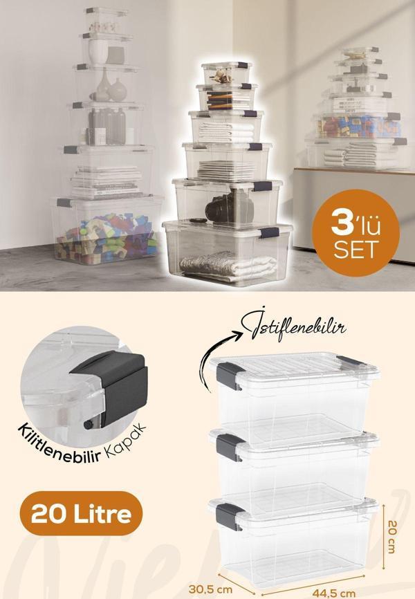 Vienev 3'lü 20 Litre Kilitli Kapaklı Saklama ve Erzak Kutusu 33115 - Image 1
