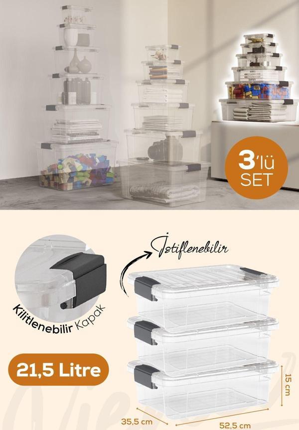 Vienev 3'lü 21,5 Litre Kilitli Kapaklı Saklama ve Erzak Kutusu 33106 - Image 1