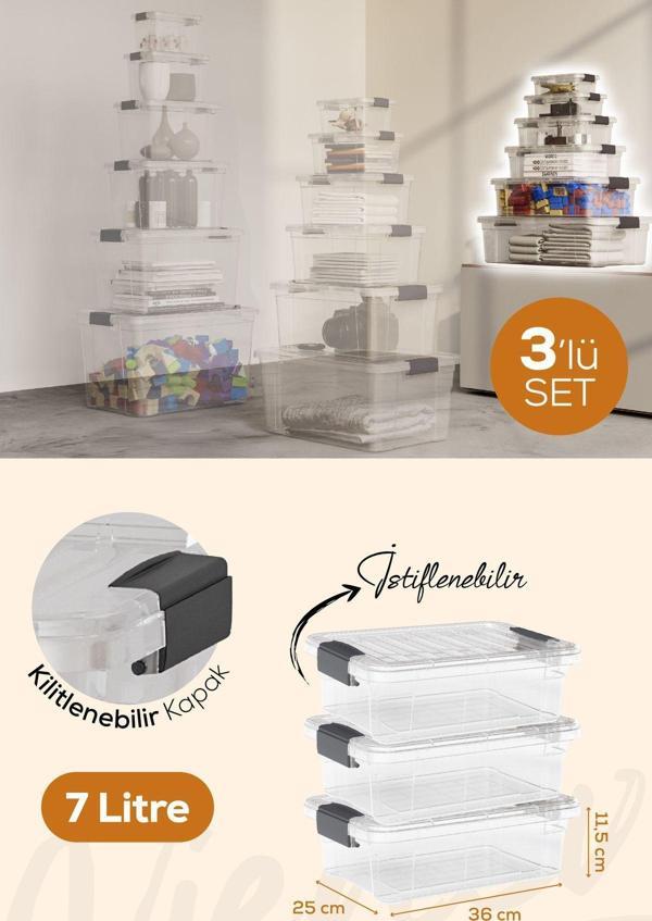 Vienev 3'lü 7 Litre Kilitli Kapaklı Saklama ve Erzak Kutusu 33104 - Image 1