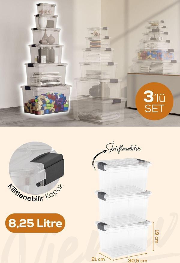 Vienev 3'lü 8,25 Litre Kilitli Kapaklı Saklama ve Erzak Kutusu 33123 - Image 1