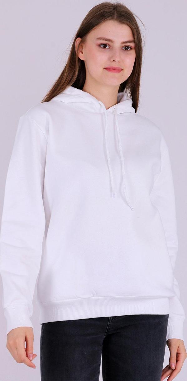Beyaz Basic Oversize Kadın Kapüşonlu Hoodie 3 iplik Sweatshirt - Image 1
