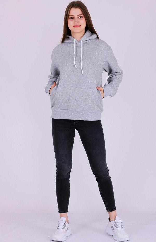 Gri Basic Oversize Kadın Kapüşonlu Hoodie 3 iplik Sweatshirt - Image 1