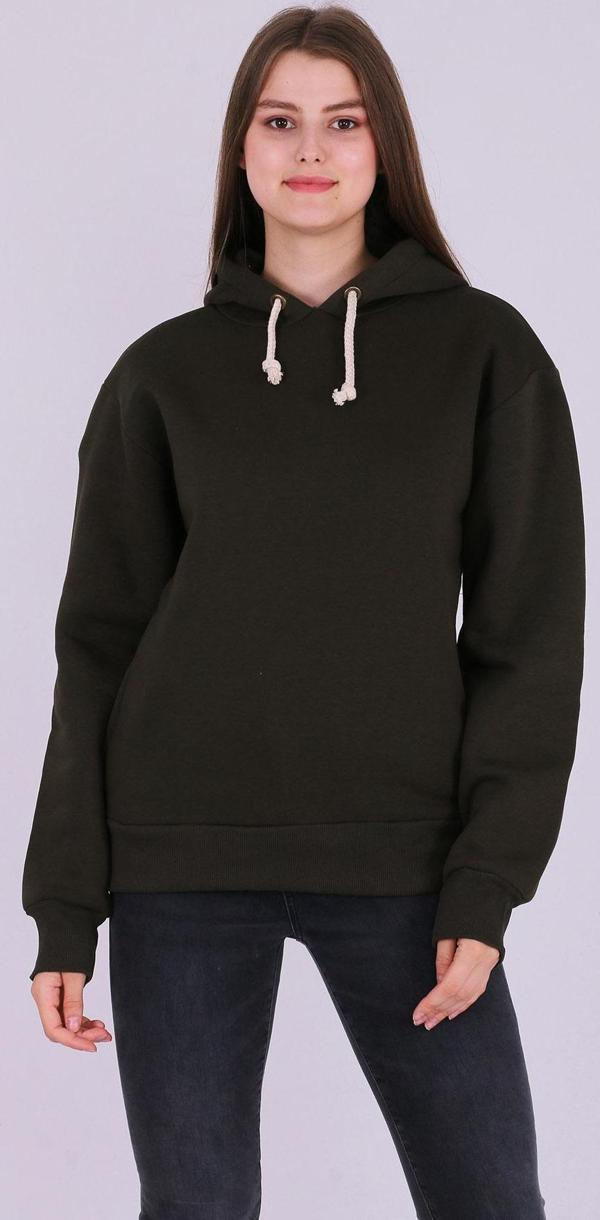 Haki Basic Oversize Kadın Kapüşonlu Hoodie 3 iplik Sweatshirt - Image 1