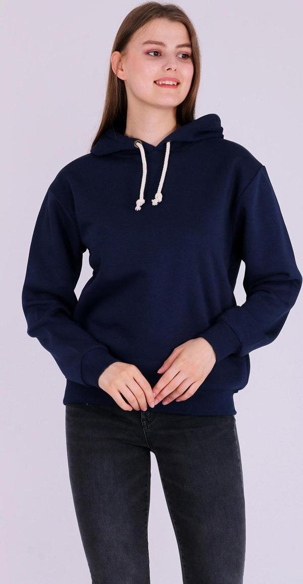 Lacivert Basic Oversize Kadın Kapüşonlu Hoodie 3 iplik Sweatshirt - Image 1