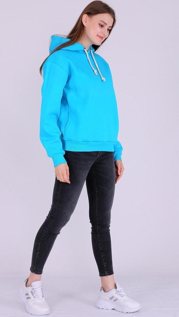 Turkuaz Basic Oversize Kadın Kapüşonlu Hoodie 3 iplik Sweatshirt - Image 1