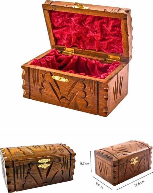 Küpe Yüzük Mücevher Takı Kutusu Kadife Kaplı Ceviz Ahşap El Oyması Maraş Sandık Motifli Kutu 16 cm - Image 1