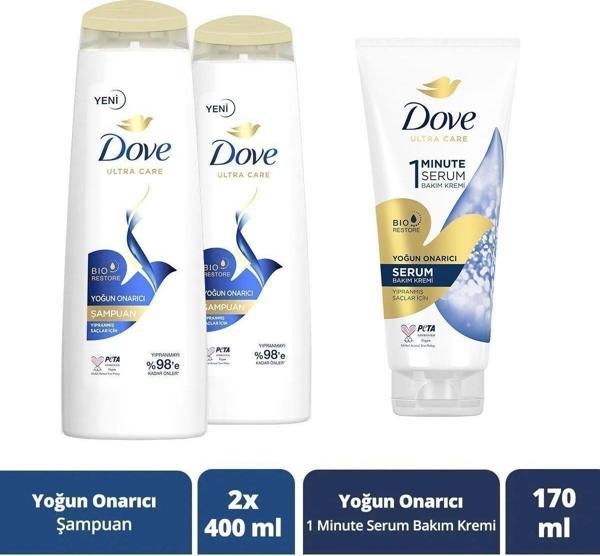 Dove Ultra Care Saç Bakım Şampuanı Yoğun Onarıcı 400 Ml X2 1 Minute Serum Bakım Kremi 170 Ml - Image 1