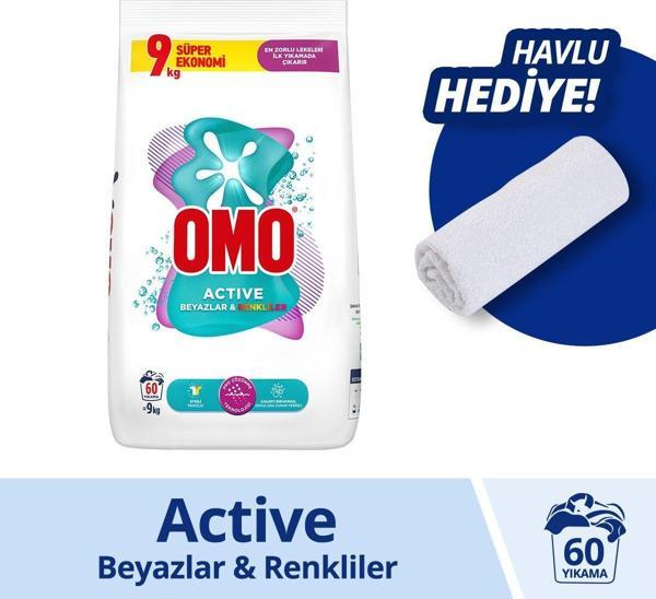 Omo Active Toz Çamaşır Deterjanı Beyazlar Ve Renkliler 9 Kg X1 Havlu Hediye - Image 1