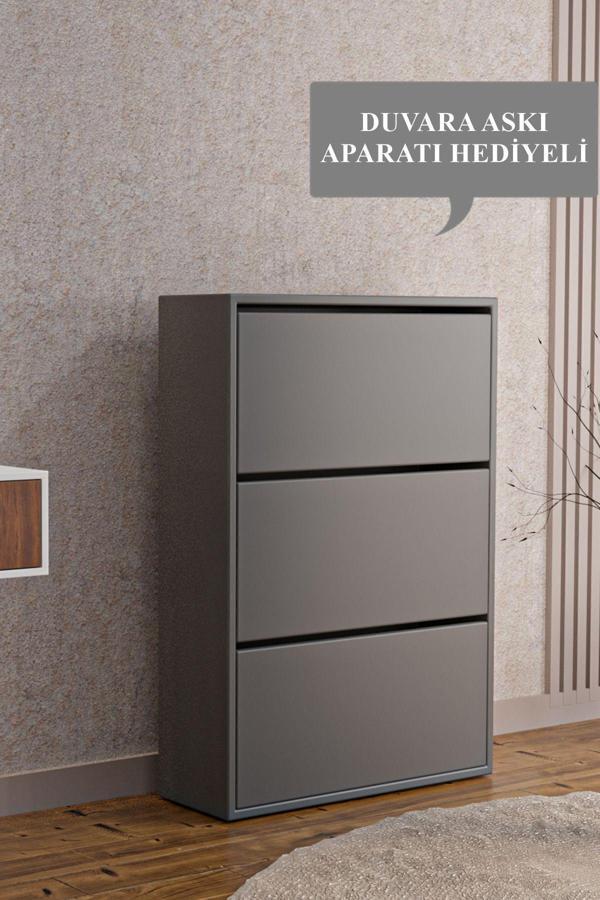 Aeka Ae-1078 Vizyon Ayakkabılık Duvara Monte Edilebilir, Antrasit Düşer Kapak, 3 Kapaklı, 6 Raflı, 110 Cm - Image 1