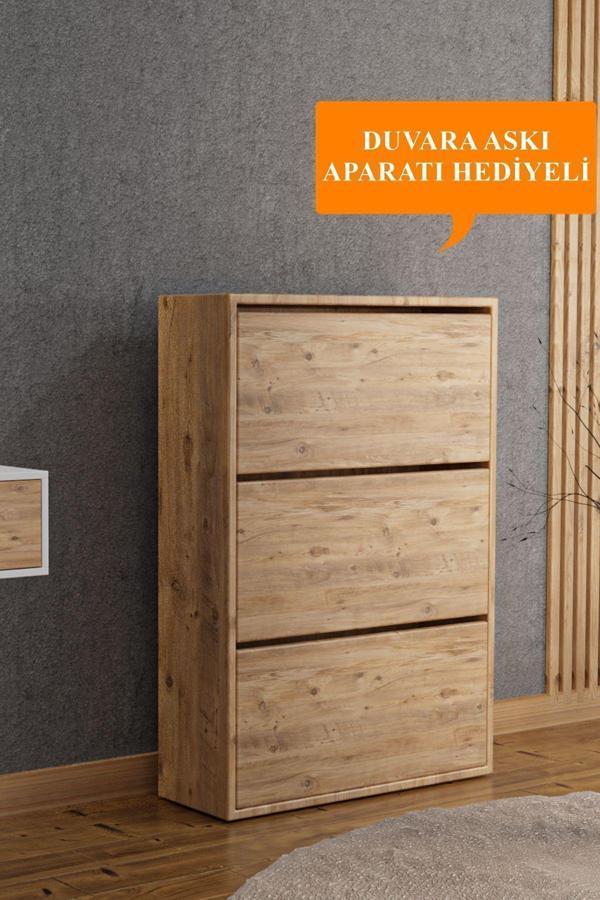 Aeka Ae-1078 Vizyon Ayakkabılık Duvara Monte Edilebilir, Atlantik Çam Düşer Kapak, 3 Kapaklı, 6 Raflı - Image 1