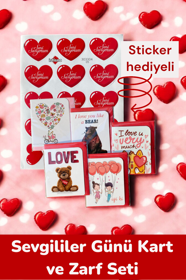5 Adet Sevgililer Günü Temalı Doğum Günü Kartı ve Zarfı Sevimli Mini Sticker Hediyeli - Image 1