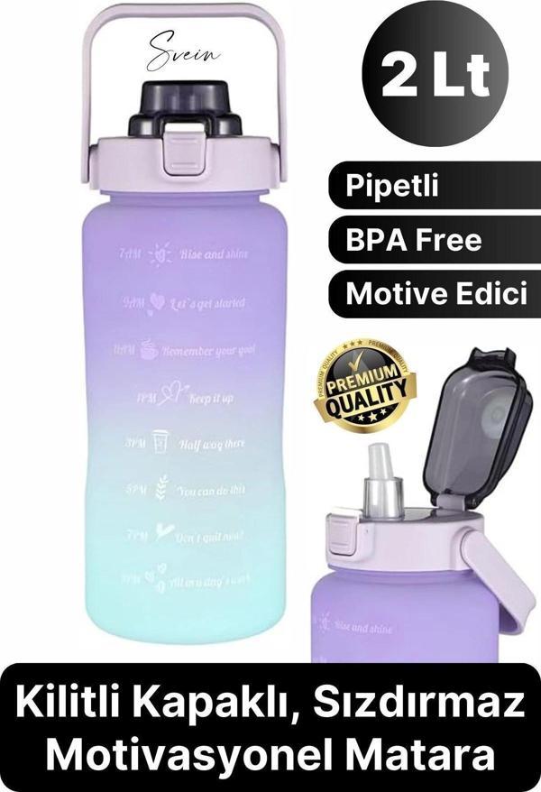 Premium 2 Lt Pipetli Kilitli Sızdırmaz Kapaklı Tutma Saplı Motivasyon Suluk Matara Sporcu Su Şişesi - Image 1