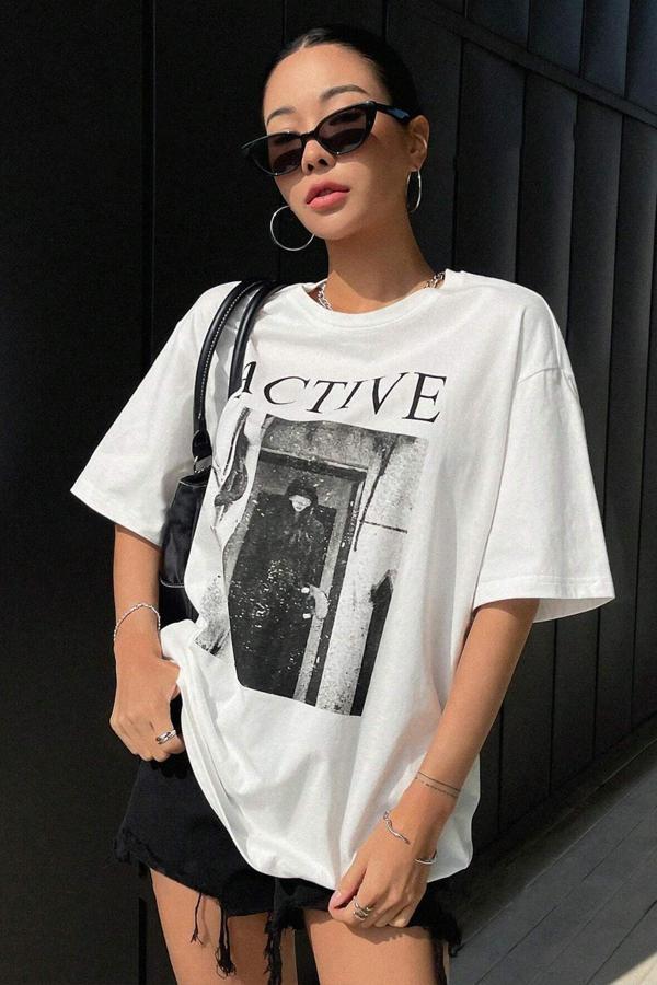 Unisex Active Baskılı Oversize Tshirt - Image 1