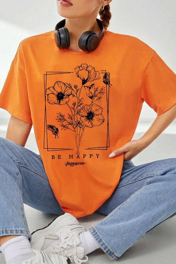 Unisex Be Happy Baskılı Oversize Tshirt - Image 1