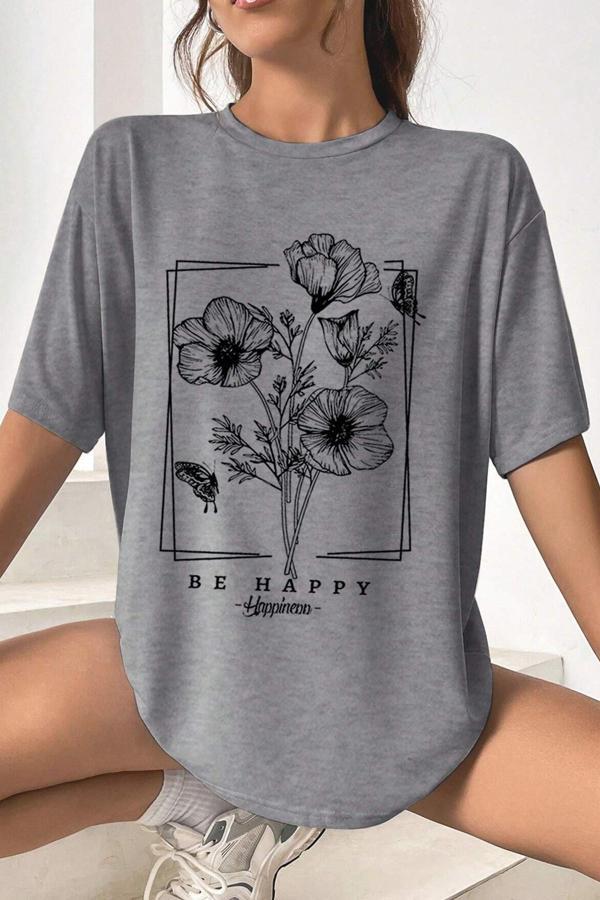 Unisex Be Happy Baskılı Oversize Tshirt - Image 1