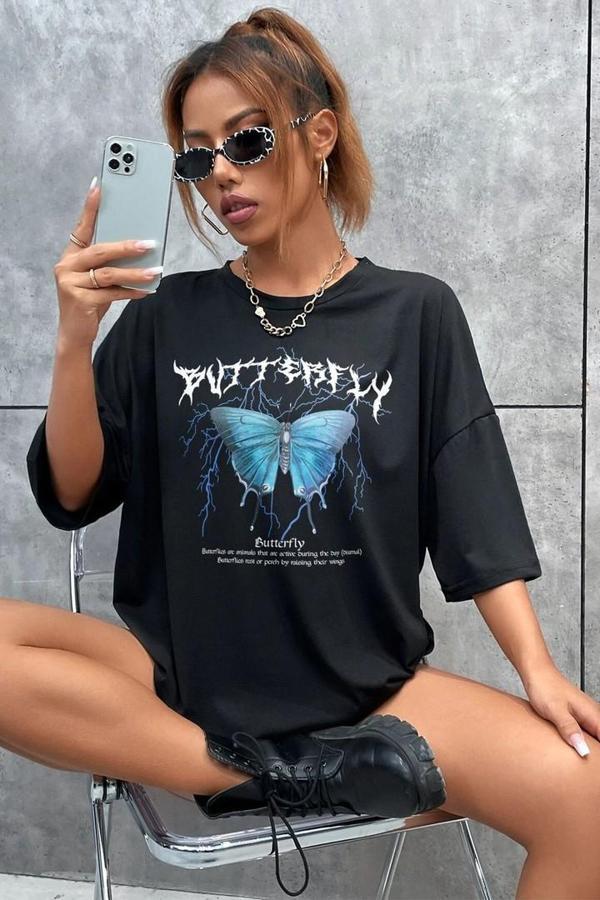 Unisex Blue Butterfly Baskılı T-shirt - Image 1