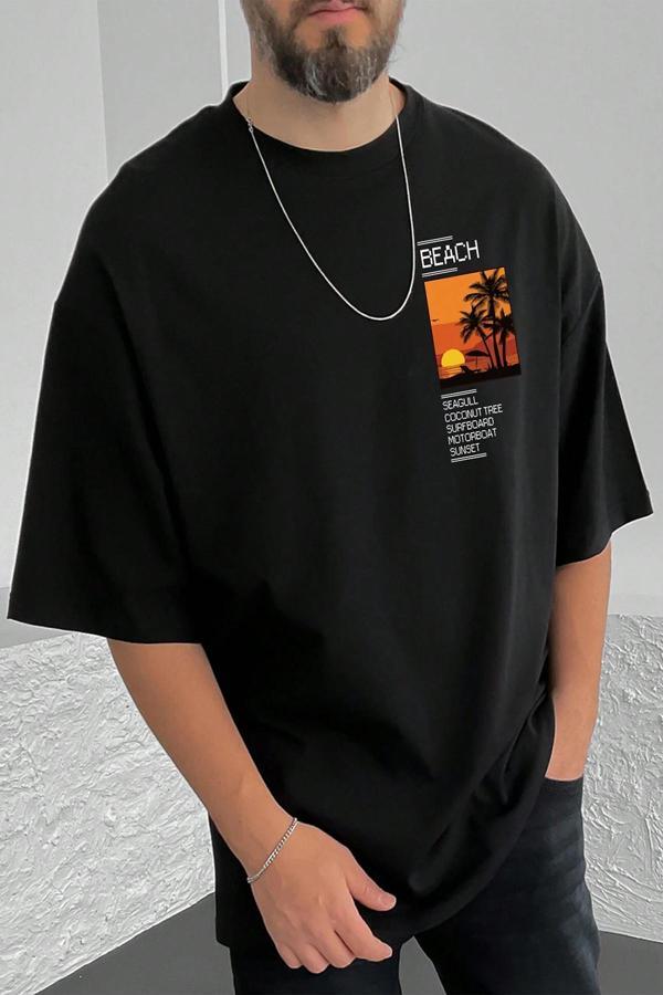 Erkek Beach Baskılı Oversize Tshirt - Image 1