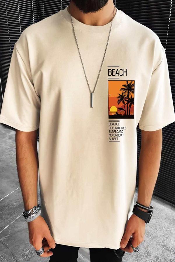 Erkek Beach Baskılı Oversize Tshirt - Image 1