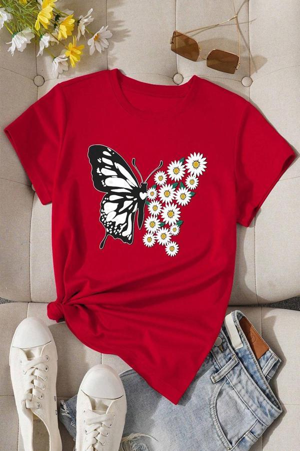 Pamuklu Papatya Kelebek Tasarım Tshirt - Image 1