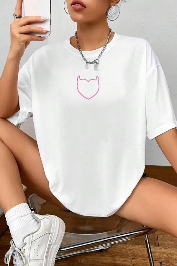 Unisex Şeytan Kalp Baskılı Oversize Tshirt - Image 1