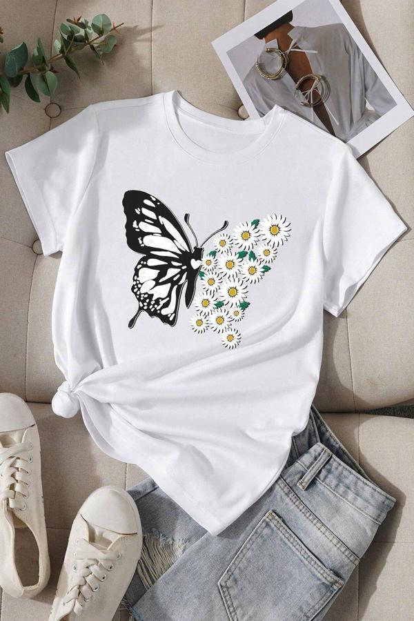 Pamuklu Papatya Kelebek Tasarım Tshirt - Image 1