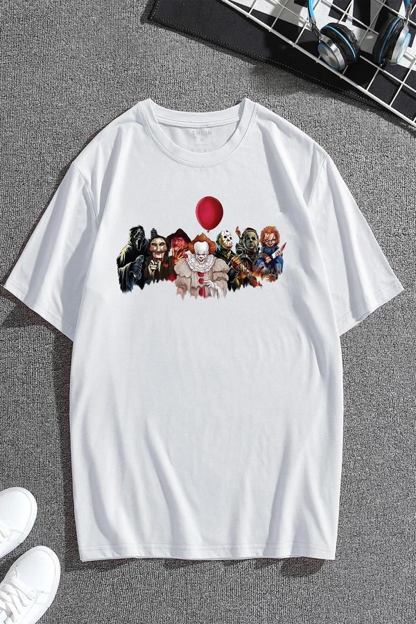 Korku Karakterleri Baskılı Unisex Oversize Tshirt - Image 1