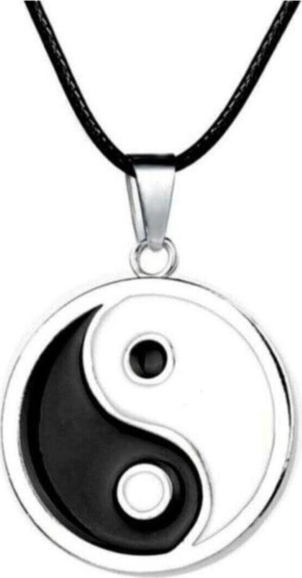Ying Yang Madalyon Suni Deri Ipli Metal Kolye - Image 1