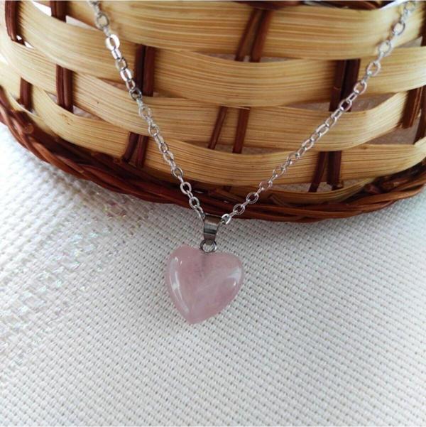 Doğal Kalp Kesim Pembe Kuvars Taşı Kolye Aksesuar Şık Hediyelik - Image 1